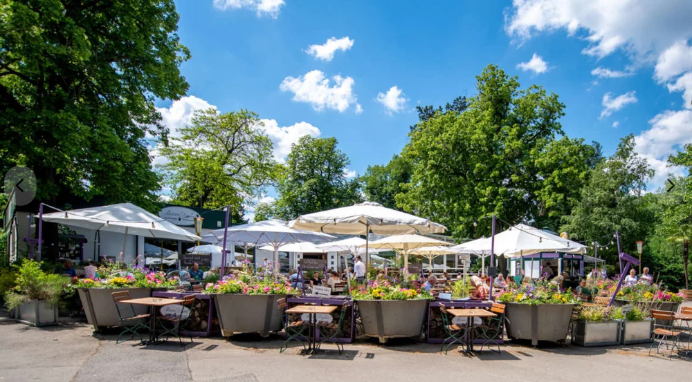 Der sonnige Gastgarten der Meierei Diglas im Türkenschanzpark